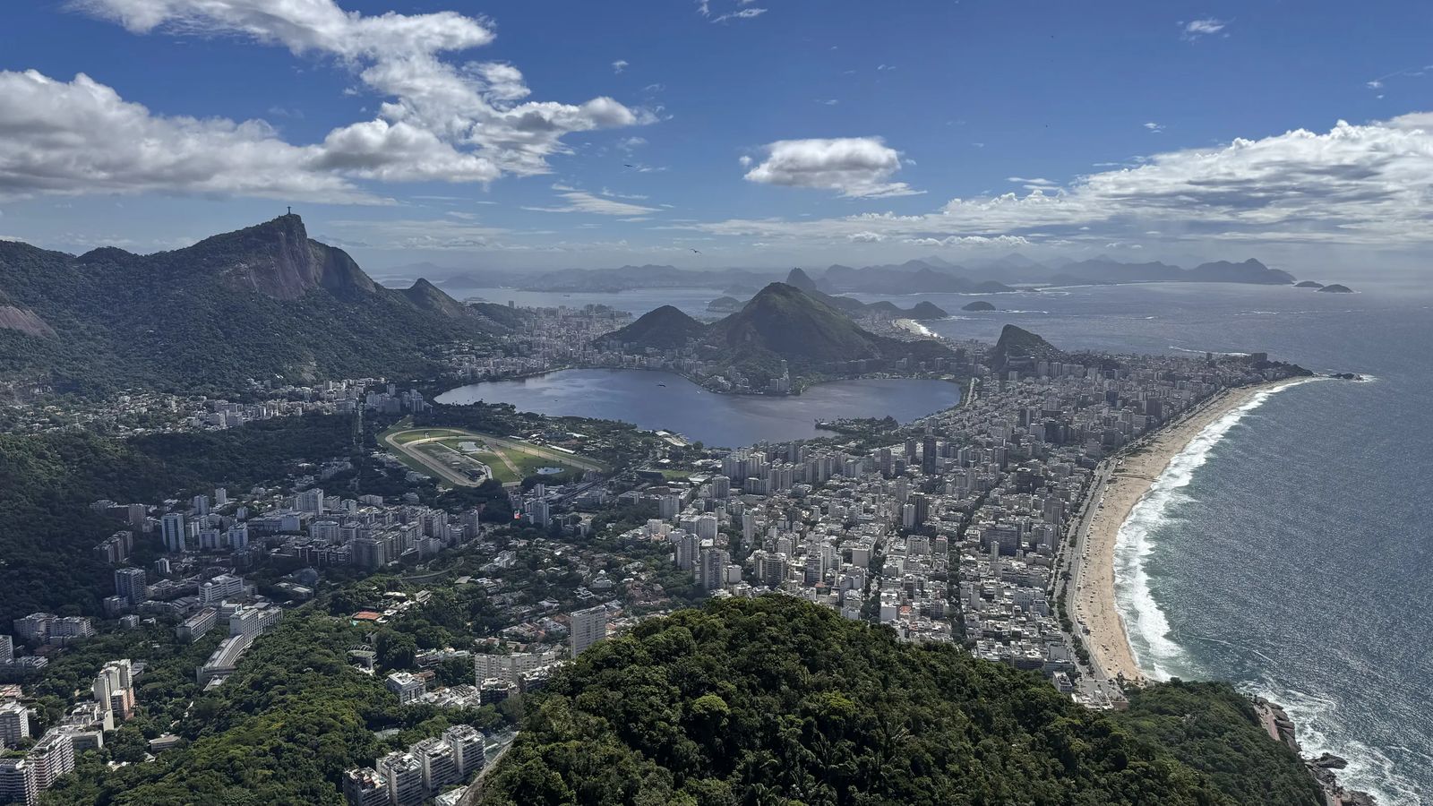 View from the top of Dois Irmãos: Ipanema, Leblon, the Lagoa and Corcovado